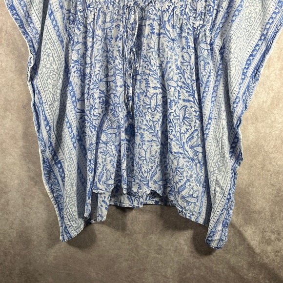 World Market Kaftan Mini Dress Womens Free Size Blue Floral Swimsuit Cover Beach - Picture 3 of 10